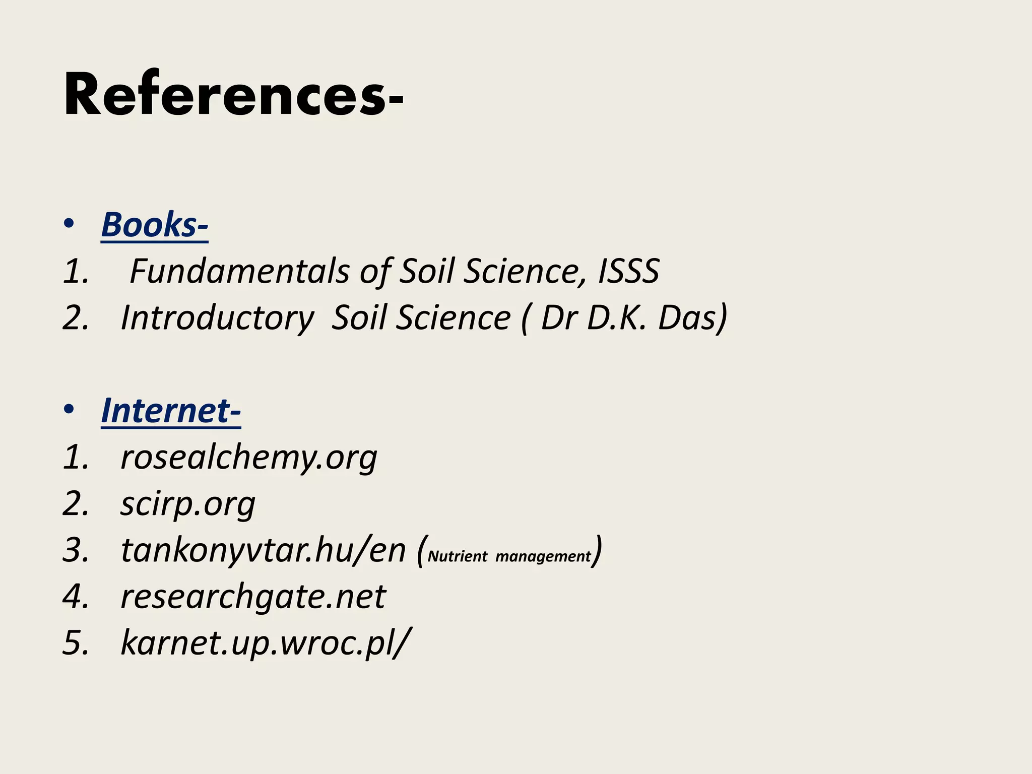 References-
• Books-
1. Fundamentals of Soil Science, ISSS
2. Introductory Soil Science ( Dr D.K. Das)
• Internet-
1. rosealchemy.org
2. scirp.org
3. tankonyvtar.hu/en (Nutrient management)
4. researchgate.net
5. karnet.up.wroc.pl/
 