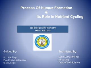 Process Of Humus Formation
&
Its Role In Nutrient Cycling
Submitted by-
Sunil Kumar Meher
M.Sc.(Ag)
Dept of Soil Science
Guided By-
Dr. R.N. Singh
Prof. Dept of Soil Science
IGKVV, Raipur
Soil Biology & Biochemistry
SOILS- 506 (2+1)
 