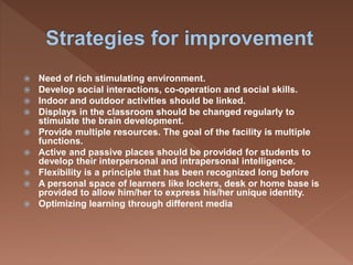  Need of rich stimulating environment.
 Develop social interactions, co-operation and social skills.
 Indoor and outdoor activities should be linked.
 Displays in the classroom should be changed regularly to
stimulate the brain development.
 Provide multiple resources. The goal of the facility is multiple
functions.
 Active and passive places should be provided for students to
develop their interpersonal and intrapersonal intelligence.
 Flexibility is a principle that has been recognized long before
 A personal space of learners like lockers, desk or home base is
provided to allow him/her to express his/her unique identity.
 Optimizing learning through different media
 