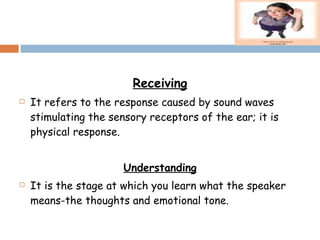 Receiving It refers to the response caused by sound waves stimulating the sensory receptors of the ear; it is physical response. Understanding It is the stage at which you learn what the speaker means-the thoughts and emotional tone. 