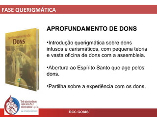 FASE QUERIGMÁTICA
RCC GOIÁS
APROFUNDAMENTO DE DONS
•Introdução querigmática sobre dons
infusos e carismáticos, com pequena teoria
e vasta oficina de dons com a assembleia.
•Abertura ao Espírito Santo que age pelos
dons.
•Partilha sobre a experiência com os dons.
 