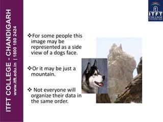 For some people this
image may be
represented as a side
view of a dogs face.
Or it may be just a
mountain.
 Not everyone will
organize their data in
the same order.
 