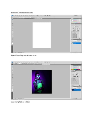 Process of promotional poster
OpenPhotoshopandsetpage as A4
Addmainphototo editon
 