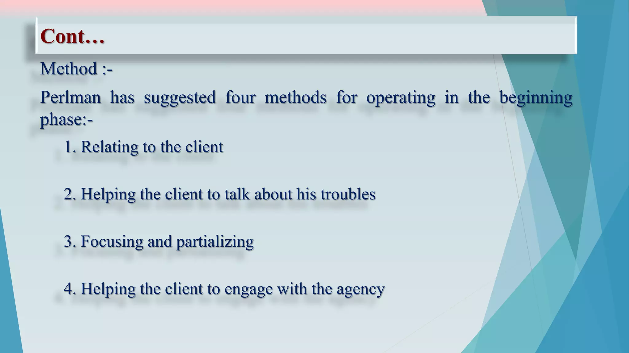 Cont…
Method :-
Perlman has suggested four methods for operating in the beginning
phase:-
1. Relating to the client
2. Helping the client to talk about his troubles
3. Focusing and partializing
4. Helping the client to engage with the agency
 