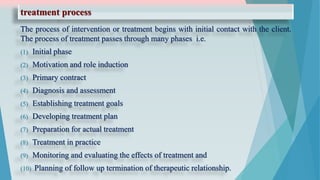 treatment process
The process of intervention or treatment begins with initial contact with the client.
The process of treatment passes through many phases i.e.
(1) Initial phase
(2) Motivation and role induction
(3) Primary contract
(4) Diagnosis and assessment
(5) Establishing treatment goals
(6) Developing treatment plan
(7) Preparation for actual treatment
(8) Treatment in practice
(9) Monitoring and evaluating the effects of treatment and
(10) Planning of follow up termination of therapeutic relationship.
 