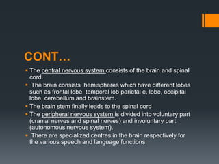 CONT…
 The central nervous system consists of the brain and spinal
cord.
 The brain consists hemispheres which have different lobes
such as frontal lobe, temporal lob parietal e, lobe, occipital
lobe, cerebellum and brainstem.
 The brain stem finally leads to the spinal cord
 The peripheral nervous system is divided into voluntary part
(cranial nerves and spinal nerves) and involuntary part
(autonomous nervous system).
 There are specialized centres in the brain respectively for
the various speech and language functions
 