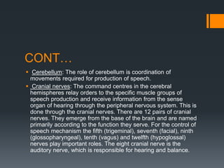 CONT…
 Cerebellum: The role of cerebellum is coordination of
movements required for production of speech.
 Cranial nerves: The command centres in the cerebral
hemispheres relay orders to the specific muscle groups of
speech production and receive information from the sense
organ of hearing through the peripheral nervous system. This is
done through the cranial nerves. There are 12 pairs of cranial
nerves. They emerge from the base of the brain and are named
primarily according to the function they serve. For the control of
speech mechanism the fifth (trigeminal), seventh (facial), ninth
(glossopharyngeal), tenth (vagus) and twelfth (hypoglossal)
nerves play important roles. The eight cranial nerve is the
auditory nerve, which is responsible for hearing and balance.
 