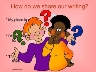 How do we share our writing? * My piece is called…. * I’d like you to listen for…. * Tell me what you think.  