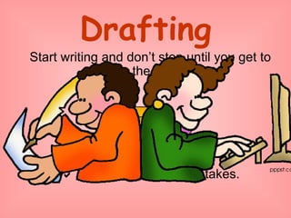 Start writing and don’t stop until you get to the end!    It’s ok if you make mistakes. Drafting 
