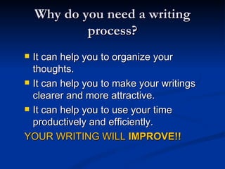 Why do you need a writing process? It can help you to organize your thoughts. It can help you to make your writings clearer and more attractive. It can help you to use your time productively and efficiently. YOUR WRITING WILL  IMPROVE!! 
