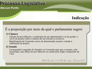 1) Câmara -  Adoção de providências, a realização de ato administrativo ou de gestão, o envio de projeto sobre a matéria de sua iniciativa exclusiva -  Manifestação de Comissão acerca de determinado assunto visando à elaboração de projeto 2) Senado Corresponde à sugestão do Senador ou Comissão para que o assunto, nele focalizado, seja objeto de providências ou estudo pelo órgão competente da Casa Indicação É a proposição por meio da qual o parlamentar sugere (RI-CD, art. 113; RI-SF, arts. 224 ao 227). 