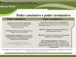 Matérias que estão sujeitas à apreciação conclusiva das comissões, dispensando a deliberação final do Plenário (RI-CD, art. 24, II) Exceções:  Projetos de Lei Complementar, de código, de iniciativa popular Perda de poder conclusivo : Se a proposição receber pareceres divergentes das comissões de mérito ou se for aprovado regime de urgência para sua tramitação (Ato do Presidente da Câmara de 30/05/1990) (RI-CD, art. 24) e (RI-CD, art. 24, II, h).  Poder conclusivo e   poder terminativo Poder conclusivo Usado para os pareceres de competência exclusiva que não possa ser contestado (caso não haja recurso):  (RI-CD, art. 54, I, II e III); Da CCJ  - Quanto à constitucionalidade ou juridicidade da matéria  Da CAE  – quanto aos aspectos de adequação financeira ou orçamentária  De Comissão Especial  - Matérias de competência de mais de três comissões que devam pronunciar-se quanto ao mérito cujas competências abranjam os dois aspectos acima mencionados Poder terminativo No Senado, o termo  “ terminativo ”  é usado para apreciação de proposições que dispensam a competência do Plenário (RI-SF, art. 91, §§ 1º e 2º e art. 92). 
