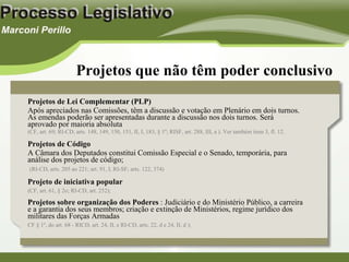 Projetos de Lei Complementar (PLP)   Após apreciados nas Comissões, têm a discussão e votação em Plenário em dois turnos. As emendas poderão ser apresentadas durante a discussão nos dois turnos. Será aprovado por maioria absoluta  (CF, art. 69; RI-CD, arts. 148, 149, 150, 151, II, I, 183, § 1º; RISF, art. 288, III, a ). Ver também item 3, fl. 12. Projetos de Código  A Câmara dos Deputados constitui Comissão Especial e o Senado, temporária, para análise dos projetos de código;   (RI-CD, arts. 205 ao 221; art. 91, I, RI-SF; arts. 122, 374)   Projeto de iniciativa popular (CF, art. 61, § 2o; RI-CD, art. 252); Projetos sobre organização dos Poderes  : Judiciário e do Ministério Público, a carreira e a garantia dos seus membros; criação e extinção de Ministérios, regime jurídico dos militares das Forças Armadas  CF § 1º, do art. 68 - RICD, art. 24, II, e RI-CD, arts. 22, d e 24, II, d ); Projetos que não têm poder conclusivo 