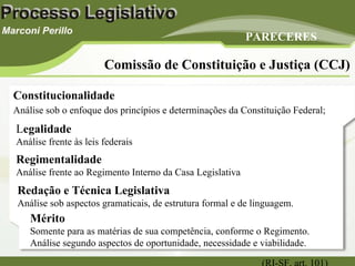 PARECERES Comissão de Constituição e Justiça (CCJ) L egalidade Análise frente às leis federais Regimentalidade Análise frente ao Regimento Interno da Casa Legislativa Redação e Técnica Legislativa Análise sob aspectos gramaticais, de estrutura formal e de linguagem. Mérito Somente para as matérias de sua competência, conforme o Regimento. Análise segundo aspectos de oportunidade, necessidade e viabilidade. Constitucionalidade Análise sob o enfoque dos princípios e determinações da Constituição Federal;   (RI-SF, art. 101) 