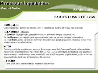PARECERES PARTES CONSTITUTIVAS CABEÇALHO Com o número do parecer e a ementa sobre o conteúdo da matéria apreciada pela comissão RELATÓRIO   - Resumo   Do conteúdo  da proposição, com referências aos principais artigos e dispositivos; Da justificação , com os principais argumentos ofertados para a aprovação da proposição, e Da tramitação , com a síntese dos pareceres das comissões que já apreciaram a matéria, inclusive se houve emendas ou substitutivos. VOTO Fundamentação de acordo com a natureza do parecer e as atribuições específicas de cada comissão. Ressalvadas as competências específicas da CCJ e da CAE, a apreciação da matéria é feita quanto ao mérito, ou seja, é avaliado se a nova proposição traz benefícios para a população em geral e o encaixe no contexto das diretrizes  programáticas de governo.  FECHO Com local, data, e assinatura dos membros da comissão 