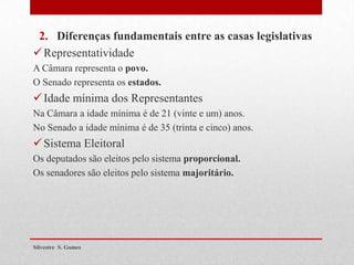 2. Diferenças fundamentais entre as casas legislativas
Representatividade
A Câmara representa o povo.
O Senado representa os estados.
Idade mínima dos Representantes
Na Câmara a idade mínima é de 21 (vinte e um) anos.
No Senado a idade mínima é de 35 (trinta e cinco) anos.
Sistema Eleitoral
Os deputados são eleitos pelo sistema proporcional.
Os senadores são eleitos pelo sistema majoritário.
Silvestre S. Gomes
 