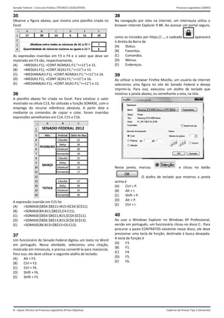 8 – Apoio Técnico ao Processo Legislativo (Prova Objetiva)
Senado Federal – Concurso Público (TÉCNICO LEGISLATIVO) Processo Legislativo (26M3)
Caderno de Provas Tipo 3 (Amarelo)
35
Obse
Exce
As  e
most
(A)
(B)
(C)
(D)
(E)
36
A  pla
most
emp
med
expr
A exp
(A)
(B)
(C)
(D)
(E)
37
Um f
em 
most
Para 
(A)
(B)
(C)
(D)
(E)
erve a figura 
l. 
xpressões  ins
trado em F3 s
=MED(A1:F
=MED(A1:F
=MEDIANA
=MED(A1:F
=MEDIANA
anilha  abaixo
trado na célul
rego  do  rec
iante  os  com
essões semel
pressão inseri
=SOMASE($
=SOMASE(B
=SOMASE($
=SOMASE($
=SOMASE(B
funcionário d
português.  N
trada em min
 isso, ele deve
Alt + F3. 
Ctrl + F3. 
Ctrl + F6. 
Shift + F6. 
Shift + F3. 
abaixo, que m
seridas  em  F3
são, respectiva
F1), =CONT.NÚ
F1), =CONT.SE
A(A1:F1), =CON
F1), =CONT.SE
A(A1:F1), =CON
o  foi  criada  n
la C13, foi util
urso  referên
mandos  de  co
hantes em C1
ida em C15 fo
$B$4:$B$11>
B4:B11;$B$15
$B$4:$B$11;B
$B$6:$B$13;B
B6:B13>$B$1
o Senado Fed
Nessa  ativida
úscula, e prec
e utilizar o seg
mostra uma 
3  e  F4  e  o  va
amente, 
ÚM(A1:F1;">=
E(A1:F1;">=11
NT.NÚM(A1:F
E(A1:F1;">=11
NT.SE(A1:F1;"
no  Excel.  Para
lizada a funçã
cia  absoluta.
opiar  e  colar
14, C15 e C16.
oi 
B15>$C$4:$C
5;C4:C11). 
B15;$C$4:$C$
B15;$C$6:$C$
5>C6:C13). 
deral digitou u
ade,  selecion
cisa convertê‐
guinte atalho 
planilha criad
alor  que  deve
=11") e 15.
") e 15. 
F1;">=11") e 1
") e 16. 
">=11") e 15.
a  totalizar  o 
ão SOMASE, co
  A  partir  de
r,  foram  inse
 
 
$11). 
11). 
13). 
um texto no W
nou  uma  cita
‐la para maiús
de teclado: 
 
da no 
 
e  ser 
16.
valor 
om o 
ela  e 
eridas 
Word 
ação, 
scula. 
38
Na  n
brow
com
à dir
(A)
(B)
(C)
(D)
(E)
39
Ao u
selec
impr
mos
Ness
acim
(A)
(B)
(C)
(D)
(E)
40
Ao  u
vers
proc
pres
A te
(A)
(B)
(C)
(D)
(E)
navegação  po
wser Internet 
o os iniciados
reita da Barra 
Status.
Favoritos.
Comandos
Menus.
Endereços
utilizar o brow
cionou  uma 
rimi‐la.  Para 
trou a janela 
sa  janela,  m
. 
ma é 
Ctrl + P.
Alt + I.
Shift + P.
Alt + P.
Ctrl + I.
usar  o  Windo
ão em portug
curar a pasta 
ssionar uma t
cla de função 
F3.
F1.
F4.
F5.
F6.
or  sites  na  in
Explorer 9 BR
s por https://
de 
s.
.
wser Firefox M
figura  no  site
isso,  executo
abaixo, ou se
marcou 
O  atalho  de 
ows  Explorer 
guês, um func
CONTRATOS 
ecla de funçã
é 
ternet,  um  in
R. Ao acessar 
..., o cadeado
Mozilla, um u
e  do  Senado
ou  um  atalho
melhante a es
  e 
teclado  que 
no  Window
cionário clicou
existente nes
ão, destinada 
nternauta  util
um portal se
o   apare
usuário da int
  Federal  e  d
o  de  teclado
sta, na tela. 
clicou  no  b
mostrou  a  j
s  XP  Professi
u no disco C:.
sse disco, ele 
à busca dese
liza  o 
eguro, 
ecerá 
ernet 
deseja 
o  que 
 
botão 
anela 
ional, 
 Para 
deve 
ejada. 
 