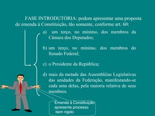 FASE INTRODUTÓRIA: podem apresentar uma proposta
de emenda à Constituição, tão somente, conforme art. 60:
            a)    um terço, no mínimo, dos membros da
                 Câmara dos Deputados;

            b) um terço, no mínimo, dos membros do
               Senado Federal;

            c) o Presidente da República;

            d) mais da metade das Assembléias Legislativas
               das unidades da Federação, manifestando-se
               cada uma delas, pela maioria relativa de seus
               membros.

                   Emenda à Constituição
                   apresenta processo
                    bem rígido
 