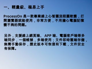 一、輕量級、極易上手
ProcessOn 是一款專業線上心智圖流程圖軟體，打
開瀏覽器就能使用，非常方便，不用擔心電腦記憶
體不夠的問題。
另外，支援線上網頁端、 APP 端、電腦客戶端等多
端同步，一個帳號，多端使用；文件即時雲端存儲，
無需手動保存，歷史版本可恢復和下載，文件安全
有保障。
 