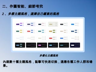 二、作圖智能、細節考究
2 、多樣主題風格，選擇自己鍾意的風格
多樣化主題風格
內建數十種主題風格，點擊可快速切換，適應各種工作人群和場
景。
 