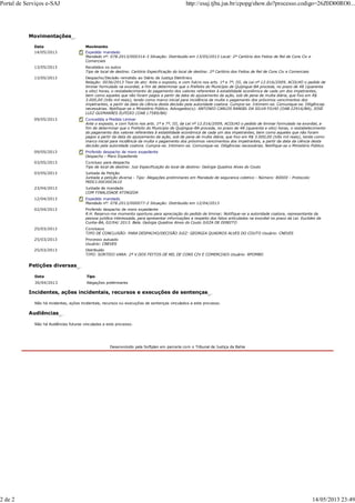Movimentações
Data Movimento
14/05/2013 Expedido mandado
Mandado nº: 078.2013/000314-3 Situação: Distribuído em 13/05/2013 Local: 2º Cartório dos Feitos de Rel de Cons Civ e
Comerciais
13/05/2013 Recebidos os autos
Tipo de local de destino: Cartório Especificação do local de destino: 2º Cartório dos Feitos de Rel de Cons Civ e Comerciais
13/05/2013 Despacho/Decisão remetido ao Diário de Justiça Eletrônico
Relação: 0036/2013 Teor do ato: Ante o exposto, e com fulcro nos arts. 1º e 7º, III, da Lei nº 12.016/2009, ACOLHO o pedido de
liminar formulado na exordial, a fim de determinar que o Prefeito do Município de Quijingue-BA proceda, no prazo de 48 (quarenta
e oito) horas, o restabelecimento do pagamento dos valores referentes à estabilidade econômica de cada um dos impetrantes,
bem como aqueles que não foram pagos a partir da data do ajuizamento da ação, sob de pena de multa diária, que fixo em R$
3.000,00 (três mil reais), tendo como marco inicial para incidência da multa o pagamento dos próximos vencimentos dos
impetrantes, a partir da data da ciência desta decisão pela autoridade coatora. Cumpra-se. Intimem-se. Comunique-se. Diligências
necessárias. Notifique-se o Ministério Público. Advogados(s): ANTONIO CARLOS RANGEL DA SILVA FILHO (OAB 22916/BA), JOSÉ
LUIZ GUIMARÃES ELPÍDIO (OAB 17589/BA)
09/05/2013 Concedida a Medida Liminar
Ante o exposto, e com fulcro nos arts. 1º e 7º, III, da Lei nº 12.016/2009, ACOLHO o pedido de liminar formulado na exordial, a
fim de determinar que o Prefeito do Município de Quijingue-BA proceda, no prazo de 48 (quarenta e oito) horas, o restabelecimento
do pagamento dos valores referentes à estabilidade econômica de cada um dos impetrantes, bem como aqueles que não foram
pagos a partir da data do ajuizamento da ação, sob de pena de multa diária, que fixo em R$ 3.000,00 (três mil reais), tendo como
marco inicial para incidência da multa o pagamento dos próximos vencimentos dos impetrantes, a partir da data da ciência desta
decisão pela autoridade coatora. Cumpra-se. Intimem-se. Comunique-se. Diligências necessárias. Notifique-se o Ministério Público.
09/05/2013 Proferido despacho de mero expediente
Despacho - Mero Expediente
03/05/2013 Concluso para despacho
Tipo de local de destino: Juiz Especificação do local de destino: Geórgia Quadros Alves do Couto
03/05/2013 Juntada de Petição
Juntada a petição diversa - Tipo: Alegações preliminares em Mandado de seguranca coletivo - Número: 80000 - Protocolo:
PEDC13003003610
23/04/2013 Juntada de mandado
COM FINALIDADE ATINGIDA
12/04/2013 Expedido mandado
Mandado nº: 078.2013/000077-2 Situação: Distribuído em 12/04/2013
02/04/2013 Proferido despacho de mero expediente
R.H. Reservo-me momento oportuno para apreciação do pedido de liminar; Notifique-se a autoridade coatora, representante da
pessoa jurídica interessada, para apresentar informações a respeito dos fatos articulados na exordial no prazo da Lei. Euclides da
Cunha-BA, 02/04/ 2013. Bela. Geórgia Quadros Alves do Couto JUIZA DE DIREITO
25/03/2013 Conclusos
TIPO DE CONCLUSÃO: PARA DESPACHO/DECISÃO JUIZ: GEORGIA QUADROS ALVES DO COUTO Usuário: CNEVES
25/03/2013 Processo autuado
Usuário: CNEVES
25/03/2013 Distribuído
TIPO: SORTEIO VARA: 2ª V DOS FEITOS DE REL DE CONS CIV E COMERCIAIS Usuário: RPOMBO
Petições diversas
Data Tipo
30/04/2013 Alegações preliminares
Incidentes, ações incidentais, recursos e execuções de sentenças
Não há incidentes, ações incidentais, recursos ou execuções de sentenças vinculados a este processo.
Audiências
Não há Audiências futuras vinculadas a este processo.
Desenvolvido pela Softplan em parceria com o Tribunal de Justiça da Bahia
Portal de Serviços e-SAJ http://esaj.tjba.jus.br/cpopg/show.do?processo.codigo=26Z0D00RO0...
2 de 2 14/05/2013 23:49
 