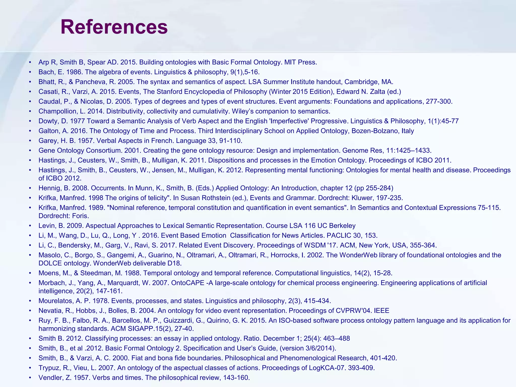 References
• Arp R, Smith B, Spear AD. 2015. Building ontologies with Basic Formal Ontology. MIT Press.
• Bach, E. 1986. The algebra of events. Linguistics & philosophy, 9(1),5-16.
• Bhatt, R., & Pancheva, R. 2005. The syntax and semantics of aspect. LSA Summer Institute handout, Cambridge, MA.
• Casati, R., Varzi, A. 2015. Events, The Stanford Encyclopedia of Philosophy (Winter 2015 Edition), Edward N. Zalta (ed.)
• Caudal, P., & Nicolas, D. 2005. Types of degrees and types of event structures. Event arguments: Foundations and applications, 277-300.
• Champollion, L. 2014. Distributivity, collectivity and cumulativity. Wiley’s companion to semantics.
• Dowty, D. 1977 Toward a Semantic Analysis of Verb Aspect and the English 'Imperfective' Progressive. Linguistics & Philosophy, 1(1):45-77
• Galton, A. 2016. The Ontology of Time and Process. Third Interdisciplinary School on Applied Ontology, Bozen-Bolzano, Italy
• Garey, H. B. 1957. Verbal Aspects in French. Language 33, 91-110.
• Gene Ontology Consortium. 2001. Creating the gene ontology resource: Design and implementation. Genome Res, 11:1425–1433.
• Hastings, J., Ceusters, W., Smith, B., Mulligan, K. 2011. Dispositions and processes in the Emotion Ontology. Proceedings of ICBO 2011.
• Hastings, J., Smith, B., Ceusters, W., Jensen, M., Mulligan, K. 2012. Representing mental functioning: Ontologies for mental health and disease. Proceedings
of ICBO 2012.
• Hennig, B. 2008. Occurrents. In Munn, K., Smith, B. (Eds.) Applied Ontology: An Introduction, chapter 12 (pp 255-284)
• Krifka, Manfred. 1998 The origins of telicity". In Susan Rothstein (ed.), Events and Grammar. Dordrecht: Kluwer, 197-235.
• Krifka, Manfred. 1989. "Nominal reference, temporal constitution and quantification in event semantics". In Semantics and Contextual Expressions 75-115.
Dordrecht: Foris.
• Levin, B. 2009. Aspectual Approaches to Lexical Semantic Representation. Course LSA 116 UC Berkeley
• Li, M., Wang, D., Lu, Q., Long, Y . 2016. Event Based Emotion Classification for News Articles. PACLIC 30, 153.
• Li, C., Bendersky, M., Garg, V., Ravi, S. 2017. Related Event Discovery. Proceedings of WSDM '17. ACM, New York, USA, 355-364.
• Masolo, C., Borgo, S., Gangemi, A., Guarino, N., Oltramari, A., Oltramari, R., Horrocks, I. 2002. The WonderWeb library of foundational ontologies and the
DOLCE ontology. WonderWeb deliverable D18.
• Moens, M., & Steedman, M. 1988. Temporal ontology and temporal reference. Computational linguistics, 14(2), 15-28.
• Morbach, J., Yang, A., Marquardt, W. 2007. OntoCAPE -A large-scale ontology for chemical process engineering. Engineering applications of artificial
intelligence, 20(2), 147-161.
• Mourelatos, A. P. 1978. Events, processes, and states. Linguistics and philosophy, 2(3), 415-434.
• Nevatia, R., Hobbs, J., Bolles, B. 2004. An ontology for video event representation. Proceedings of CVPRW'04. IEEE
• Ruy, F. B., Falbo, R. A., Barcellos, M. P., Guizzardi, G., Quirino, G. K. 2015. An ISO-based software process ontology pattern language and its application for
harmonizing standards. ACM SIGAPP.15(2), 27-40.
• Smith B. 2012. Classifying processes: an essay in applied ontology. Ratio. December 1; 25(4): 463–488
• Smith, B., et al .2012. Basic Formal Ontology 2. Specification and User’s Guide, (version 3/6/2014).
• Smith, B., & Varzi, A. C. 2000. Fiat and bona fide boundaries. Philosophical and Phenomenological Research, 401-420.
• Trypuz, R., Vieu, L. 2007. An ontology of the aspectual classes of actions. Proceedings of LogKCA-07. 393-409.
• Vendler, Z. 1957. Verbs and times. The philosophical review, 143-160.
 