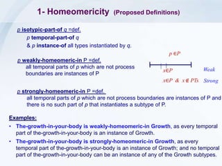 1- Homeomericity (Proposed Definitions)
p isotypic-part-of q =def.
p temporal-part-of q
& p instance-of all types instantiated by q.
Examples:
• The-growth-in-your-body is weakly-homeomeric-in Growth, as every temporal
part of the-growth-in-your-body is an instance of Growth.
• The-growth-in-your-body is strongly-homeomeric-in Growth, as every
temporal part of the-growth-in-your-body is an instance of Growth; and no temporal
part of the-growth-in-your-body can be an instance of any of the Growth subtypes.
p ∈P
x∈P
x∈P & x ∉ PTs
Weak
Strong
p strongly-homeomeric-in P =def.
all temporal parts of p which are not process boundaries are instances of P and
there is no such part of p that instantiates a subtype of P.
p weakly-homeomeric-in P =def.
all temporal parts of p which are not process
boundaries are instances of P
 