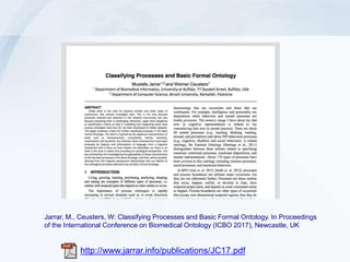 Jarrar, M., Ceusters, W: Classifying Processes and Basic Formal Ontology. In Proceedings
of the International Conference on Biomedical Ontology (ICBO 2017), Newcastle, UK
http://www.jarrar.info/publications/JC17.pdf
 