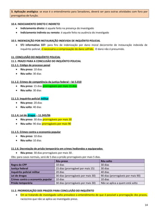 3. Aplicação analógica: se esse é o entendimento para Senadores, deverá ser para outras atividades com foro por
prerrogativa de função.
10.4. INDICIAMENTO DIRETO E INDIRETO
• Indiciamento direto: é aquele feito na presença do investigado
• Indiciamento indireto ou remoto: é aquele feito na ausência do investigado
10.5. INDENIZAÇÃO POR INSTAURAÇÃO INDEVIDA DE INQUÉRITO POLICIAL
• STJ informativo 337: para fins de indenização por dano moral decorrente de instauração indevida de
inquérito policial, é necessária a comprovação do dano sofrido. O dano não é presumido.
11. CONCLUSÃO DO INQUÉRITO POLICIAL
11.1. PRAZO PARA A CONCLUSÃO DO INQUÉRITO POLICIAL
11.1.1. Código de processo penal
• Réu preso: 10 dias
• Réu solto: 30 dias
11.1.2. Crimes de competência da justiça federal – lei 5.010
• Réu preso: 15 dias prorrogáveis por mais 15 dias
• Réu solto: 30 dias
11.1.3. Inquérito policial militar
• Réu preso: 20 dias
• Réu solto: 40 dias
11.1.4. Lei de drogas – 11.343/06
• Réu preso: 30 dias prorrogáveis por mais 30
• Réu solto: 90 dias prorrogáveis por mais 90
11.1.5. Crimes contra a economia popular
• Réu preso: 10 dias
• Réu solto: 10 dias
11.1.6. Decretação de prisão temporária em crimes hediondos e equiparados
• Réu preso: 30 dias prorrogáveis por mais 30 .
Obs: para casos normais, será de 5 dias a prisão prorrogáveis por mais 5 dias.
Réu preso Réu solto
Regra do CPP 10 dias 30 dias
Justiça federal 15 dias (prorrogável por mais 15) 30 dias
Inquérito policial militar 20 dias 40 dias
Lei de drogas 30 dias (prorrogáveis por mais 30) 90 dias (prorrogáveis por mais 90)
Crimes contra a economia popular 10 dias 10 dias
Prisão temporária 30 dias (prorrogáveis por mais 30) Não se aplica a quem está solto
11.2. PRORROGAÇÃO DOS PRAZOS PARA CONCLUSÃO DO INQUÉRITO
• Em se tratando de investigado solto prevalece o entendimento de que é possível a prorrogação dos prazos,
raciocínio que não se aplica ao investigado preso.
14
 