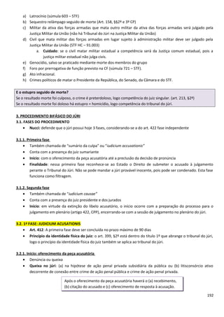 a) Latrocínio (súmula 603 – STF)
b) Sequestro relâmpago seguido de morte (Art. 158, §§2º e 3º CP)
c) Militar da ativa das forças armadas que mata outro militar da ativa das forças armadas será julgado pela
Justiça Militar da União (não há Tribunal do Júri na Justiça Militar da União)
d) Civil que mata militar das forças armadas em lugar sujeito à administração militar deve ser julgado pela
Justiça Militar da União (STF HC – 91.003)
a. Cuidado: se o civil matar militar estadual a competência será da Justiça comum estadual, pois a
justiça militar estadual não julga civis.
e) Genocídio, salvo se praticado mediante morte dos membros do grupo
f) Foro por prerrogativa de função previsto na CF (súmula 721 – STF).
g) Ato infracional.
h) Crimes políticos de matar o Presidente da República, do Senado, da Câmara e do STF.
E o estupro seguido de morte?
Se o resultado morte foi culposo, o crime é preterdoloso, logo competência do juiz singular. (art. 213, §2º)
Se o resultado morte foi doloso há estupro + homicídio, logo competência do tribunal do júri.
3. PROCEDIMENTO BIFÁSICO DO JÚRI
3.1. FASES DO PROCEDIMENTO
• Nucci: defende que o júri possui hoje 3 fases, considerando-se a do art. 422 fase independente
3.1.1. Primeira fase
• Também chamada de “sumário da culpa” ou “iudicium accusationis”
• Conta com a presença do juiz sumariante
• Início: com o oferecimento da peça acusatória até a preclusão da decisão de pronúncia
• Finalidade: nessa primeira fase reconhece-se ao Estado o Direito de submeter o acusado à julgamento
perante o Tribunal do Júri. Não se pode mandar a júri provável inocente, pois pode ser condenado. Esta fase
funciona como filtragem.
3.1.2. Segunda fase
• Também chamada de “iudicium causae”
• Conta com a presença do juiz presidente e dos jurados
• Início: em virtude da extinção do libelo acusatório, o início ocorre com a preparação do processo para o
julgamento em plenário (artigo 422, CPP), encerrando-se com a sessão de julgamento no plenário do júri.
3.2. 1ª FASE: JUDICIUM ACUSATIONIS
• Art. 412: A primeira fase deve ser concluída no prazo máximo de 90 dias
• Princípio da identidade física do juiz: o art. 399, §2º está dentro do título 1º que abrange o tribunal do júri,
logo o princípio da identidade física do juiz também se aplica ao tribunal do júri.
3.2.1. Início: oferecimento da peça acusatória
• Denúncia ou queixa
• Queixa no júri: (a) na hipótese de ação penal privada subsidiária da pública ou (b) litisconsórcio ativo
decorrente de conexão entre crime de ação penal pública e crime de ação penal privada.
192
Após o oferecimento da peça acusatória haverá o (a) recebimento,
(b) citação do acusado e (c) oferecimento de resposta à acusação.
 