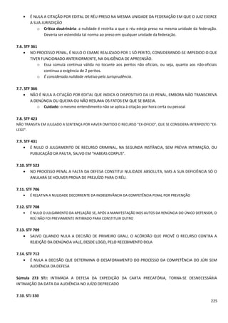 • É NULA A CITAÇÃO POR EDITAL DE RÉU PRESO NA MESMA UNIDADE DA FEDERAÇÃO EM QUE O JUIZ EXERCE
A SUA JURISDIÇÃO
o Crítica doutrinária: a nulidade é restrita a que o réu esteja preso na mesma unidade da federação.
Deveria ser estendida tal norma ao preso em qualquer unidade da federação.
7.6. STF 361
• NO PROCESSO PENAL, É NULO O EXAME REALIZADO POR 1 SÓ PERITO, CONSIDERANDO-SE IMPEDIDO O QUE
TIVER FUNCIONADO ANTERIORMENTE, NA DILIGÊNCIA DE APREENSÃO.
o Essa súmula continua válida no tocante aos peritos não oficiais, ou seja, quanto aos não-oficiais
continua a exigência de 2 peritos.
o É considerada nulidade relativa pela Jurisprudência.
7.7. STF 366
• NÃO É NULA A CITAÇÃO POR EDITAL QUE INDICA O DISPOSITIVO DA LEI PENAL, EMBORA NÃO TRANSCREVA
A DENÚNCIA OU QUEIXA OU NÃO RESUMA OS FATOS EM QUE SE BASEIA.
o Cuidado: o mesmo entendimento não se aplica à citação por hora certa ou pessoal
7.8. STF 423
NÃO TRANSITA EM JULGADO A SENTENÇA POR HAVER OMITIDO O RECURSO "EX-OFICIO", QUE SE CONSIDERA INTERPOSTO "EX-
LEGE".
7.9. STF 431
• É NULO O JULGAMENTO DE RECURSO CRIMINAL, NA SEGUNDA INSTÂNCIA, SEM PRÉVIA INTIMAÇÃO, OU
PUBLICAÇÃO DA PAUTA, SALVO EM “HABEAS CORPUS”.
7.10. STF 523
• NO PROCESSO PENAL A FALTA DA DEFESA CONSTITUI NULIDADE ABSOLUTA, MAS A SUA DEFICIÊNCIA SÓ O
ANULARÁ SE HOUVER PROVA DE PREJUÍZO PARA O RÉU.
7.11. STF 706
• É RELATIVA A NULIDADE DECORRENTE DA INOBSERVÂNCIA DA COMPETÊNCIA PENAL POR PREVENÇÃO
7.12. STF 708
• É NULO O JULGAMENTO DA APELAÇÃO SE, APÓS A MANIFESTAÇÃO NOS AUTOS DA RENÚNCIA DO ÚNICO DEFENSOR, O
REÚ NÃO FOI PREVIAMENTE INTIMADO PARA CONSTITUIR OUTRO
7.13. STF 709
• SALVO QUANDO NULA A DECISÃO DE PRIMEIRO GRAU, O ACÓRDÃO QUE PROVÊ O RECURSO CONTRA A
REJEIÇÃO DA DENÚNCIA VALE, DESDE LOGO, PELO RECEBIMENTO DELA
7.14. STF 712
• É NULA A DECISÃO QUE DETERMINA O DESAFORAMENTO DO PROCESSO DA COMPETÊNCIA DO JÚRI SEM
AUDIÊNCIA DA DEFESA
Súmula 273 STJ: INTIMADA A DEFESA DA EXPEDIÇÃO DA CARTA PRECATÓRIA, TORNA-SE DESNECESSÁRIA
INTIMAÇÃO DA DATA DA AUDIÊNCIA NO JUÍZO DEPRECADO
7.10. STJ 330
225
 