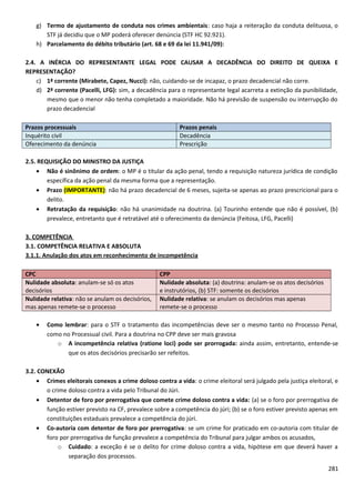 g) Termo de ajustamento de conduta nos crimes ambientais: caso haja a reiteração da conduta delituosa, o
STF já decidiu que o MP poderá oferecer denúncia (STF HC 92.921).
h) Parcelamento do débito tributário (art. 68 e 69 da lei 11.941/09):
2.4. A INÉRCIA DO REPRESENTANTE LEGAL PODE CAUSAR A DECADÊNCIA DO DIREITO DE QUEIXA E
REPRESENTAÇÃO?
c) 1ª corrente (Mirabete, Capez, Nucci): não, cuidando-se de incapaz, o prazo decadencial não corre.
d) 2ª corrente (Pacelli, LFG): sim, a decadência para o representante legal acarreta a extinção da punibilidade,
mesmo que o menor não tenha completado a maioridade. Não há previsão de suspensão ou interrupção do
prazo decadencial
Prazos processuais Prazos penais
Inquérito civil Decadência
Oferecimento da denúncia Prescrição
2.5. REQUISIÇÃO DO MINISTRO DA JUSTIÇA
• Não é sinônimo de ordem: o MP é o titular da ação penal, tendo a requisição natureza jurídica de condição
específica da ação penal da mesma forma que a representação.
• Prazo (IMPORTANTE): não há prazo decadencial de 6 meses, sujeita-se apenas ao prazo prescricional para o
delito.
• Retratação da requisição: não há unanimidade na doutrina. (a) Tourinho entende que não é possível, (b)
prevalece, entretanto que é retratável até o oferecimento da denúncia (Feitosa, LFG, Pacelli)
3. COMPETÊNCIA
3.1. COMPETÊNCIA RELATIVA E ABSOLUTA
3.1.1. Anulação dos atos em reconhecimento de incompetência
CPC CPP
Nulidade absoluta: anulam-se só os atos
decisórios
Nulidade absoluta: (a) doutrina: anulam-se os atos decisórios
e instrutórios, (b) STF: somente os decisórios
Nulidade relativa: não se anulam os decisórios,
mas apenas remete-se o processo
Nulidade relativa: se anulam os decisórios mas apenas
remete-se o processo
• Como lembrar: para o STF o tratamento das incompetências deve ser o mesmo tanto no Processo Penal,
como no Processual civil. Para a doutrina no CPP deve ser mais gravosa
o A incompetência relativa (ratione loci) pode ser prorrogada: ainda assim, entretanto, entende-se
que os atos decisórios precisarão ser refeitos.
3.2. CONEXÃO
• Crimes eleitorais conexos a crime doloso contra a vida: o crime eleitoral será julgado pela justiça eleitoral, e
o crime doloso contra a vida pelo Tribunal do Júri.
• Detentor de foro por prerrogativa que comete crime doloso contra a vida: (a) se o foro por prerrogativa de
função estiver previsto na CF, prevalece sobre a competência do júri; (b) se o foro estiver previsto apenas em
constituições estaduais prevalece a competência do júri.
• Co-autoria com detentor de foro por prerrogativa: se um crime for praticado em co-autoria com titular de
foro por prerrogativa de função prevalece a competência do Tribunal para julgar ambos os acusados,
o Cuidado: a exceção é se o delito for crime doloso contra a vida, hipótese em que deverá haver a
separação dos processos.
281
 
