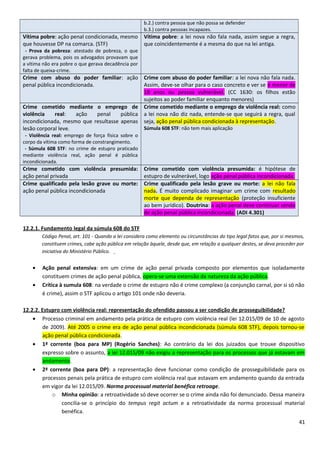 b.2.) contra pessoa que não possa se defender
b.3.) contra pessoas incapazes.
Vítima pobre: ação penal condicionada, mesmo
que houvesse DP na comarca. (STF)
- Prova da pobreza: atestado de pobreza, o que
gerava problema, pois os advogados provavam que
a vítima não era pobre o que gerava decadência por
falta de queixa-crime.
Vítima pobre: a lei nova não fala nada, assim segue a regra,
que coincidentemente é a mesma do que na lei antiga.
Crime com abuso do poder familiar: ação
penal pública incondicionada.
Crime com abuso do poder familiar: a lei nova não fala nada.
Assim, deve-se olhar para o caso concreto e ver se é menor de
18 anos ou pessoa vulnerável. (CC 1630: os filhos estão
sujeitos ao poder familiar enquanto menores)
Crime cometido mediante o emprego de
violência real: ação penal pública
incondicionada, mesmo que resultasse apenas
lesão corporal leve.
- Violência real: emprego de força física sobre o
corpo da vítima como forma de constrangimento.
- Súmula 608 STF: no crime de estupro praticado
mediante violência real, ação penal é pública
incondicionada.
Crime cometido mediante o emprego de violência real: como
a lei nova não diz nada, entende-se que seguirá a regra, qual
seja, ação penal pública condicionada à representação.
Súmula 608 STF: não tem mais aplicação
Crime cometido com violência presumida:
ação penal privada
Crime cometido com violência presumida: é hipótese de
estupro de vulnerável, logo ação penal pública incondicionada.
Crime qualificado pela lesão grave ou morte:
ação penal pública incondicionada
Crime qualificado pela lesão grave ou morte: a lei não fala
nada. É muito complicado imaginar um crime com resultado
morte que dependa de representação (proteção insuficiente
ao bem jurídico). Doutrina: a ação penal deve continuar sendo
de ação penal pública incondicionada. (ADI 4.301)
12.2.1. Fundamento legal da súmula 608 do STF
Código Penal, art. 101 - Quando a lei considera como elemento ou circunstâncias do tipo legal fatos que, por si mesmos,
constituem crimes, cabe ação pública em relação àquele, desde que, em relação a qualquer destes, se deva proceder por
iniciativa do Ministério Público.
• Ação penal extensiva: em um crime de ação penal privada composto por elementos que isoladamente
constituem crimes de ação penal pública, opera-se uma extensão da natureza da ação pública.
• Crítica à sumula 608: na verdade o crime de estupro não é crime complexo (a conjunção carnal, por si só não
é crime), assim o STF aplicou o artigo 101 onde não deveria.
12.2.2. Estupro com violência real: representação do ofendido passou a ser condição de prosseguibilidade?
• Processo criminal em andamento pela prática de estupro com violência real (lei 12.015/09 de 10 de agosto
de 2009). Até 2005 o crime era de ação penal pública incondicionada (súmula 608 STF), depois tornou-se
ação penal pública condicionada.
• 1ª corrente (boa para MP) (Rogério Sanches): Ao contrário da lei dos juizados que trouxe dispositivo
expresso sobre o assunto, a lei 12.015/09 não exigiu a representação para os processos que já estavam em
andamento.
• 2ª corrente (boa para DP): a representação deve funcionar como condição de prosseguibilidade para os
processos penais pela prática de estupro com violência real que estavam em andamento quando da entrada
em vigor da lei 12.015/09. Norma processual material benéfica retroage.
o Minha opinião: a retroatividade só deve ocorrer se o crime ainda não foi denunciado. Dessa maneira
concilia-se o princípio do tempus regit actum e a retroatividade da norma processual material
benéfica.
41
 