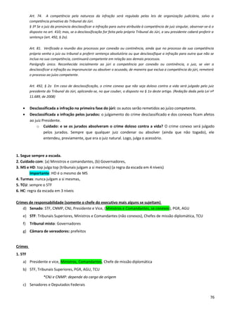 Art. 74. A competência pela natureza da infração será regulada pelas leis de organização judiciária, salvo a
competência privativa do Tribunal do Júri.
§ 3º Se o juiz da pronúncia desclassificar a infração para outra atribuída à competência de juiz singular, observar-se-á o
disposto no art. 410; mas, se a desclassificação for feita pelo próprio Tribunal do Júri, a seu presidente caberá proferir a
sentença (art. 492, § 2o).
Art. 81. Verificada a reunião dos processos por conexão ou continência, ainda que no processo da sua competência
própria venha o juiz ou tribunal a proferir sentença absolutória ou que desclassifique a infração para outra que não se
inclua na sua competência, continuará competente em relação aos demais processos.
Parágrafo único. Reconhecida inicialmente ao júri a competência por conexão ou continência, o juiz, se vier a
desclassificar a infração ou impronunciar ou absolver o acusado, de maneira que exclua a competência do júri, remeterá
o processo ao juízo competente.
Art. 492, § 2o Em caso de desclassificação, o crime conexo que não seja doloso contra a vida será julgado pelo juiz
presidente do Tribunal do Júri, aplicando-se, no que couber, o disposto no § 1o deste artigo. (Redação dada pela Lei nº
11.689, de 2008)
• Desclassificada a infração na primeira fase do júri: os autos serão remetidos ao juízo competente.
• Desclassificada a infração pelos jurados: o julgamento do crime desclassificado e dos conexos ficam afetos
ao juiz Presidente.
o Cuidado: e se os jurados absolveram o crime doloso contra a vida? O crime conexo será julgado
pelos jurados. Sempre que qualquer juiz condenar ou absolver (ainda que não togado), ele
entendeu, previamente, que era o juiz natural. Logo, julga o acessório.
1. Segue sempre a escada.
2. Cuidado com: (a) Ministros e comandantes, (b) Governadores,
3. MS e HD: top julga top (tribunais julgam a si mesmos) (a regra da escada em 4 níveis)
Importante: HD é o mesmo de MS
4. Turmas: nunca julgam a si mesmas,
5. TCU: sempre o STF
6. HC: regra da escada em 3 níveis
Crimes de responsabilidade (somente o chefe do executivo mais alguns se sujeitam)
d) Senado: STF, CNMP, CNJ, Presidente e Vice, (Ministros e Comandantes, se conexos), PGR, AGU
e) STF: Tribunais Superiores, Ministros e Comandantes (não conexos), Chefes de missão diplomática, TCU
f) Tribunal misto: Governadores
g) Câmara de vereadores: prefeitos
Crimes
1. STF
a) Presidente e vice, Ministros, Comandantes, Chefe de missão diplomática
b) STF, Tribunais Superiores, PGR, AGU, TCU
*CNJ e CNMP: depende do cargo de origem
c) Senadores e Deputados Federais
76
 