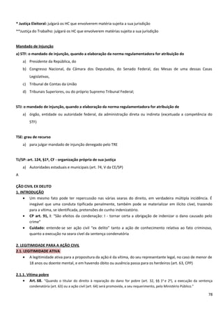 * Justiça Eleitoral: julgará os HC que envolverem matéria sujeita a sua jurisdição
**Justiça do Trabalho: julgará os HC que envolverem matérias sujeita a sua jurisdição
Mandado de Injunção
a) STF: o mandado de injunção, quando a elaboração da norma regulamentadora for atribuição do
a) Presidente da República, do
b) Congresso Nacional, da Câmara dos Deputados, do Senado Federal, das Mesas de uma dessas Casas
Legislativas,
c) Tribunal de Contas da União
d) Tribunais Superiores, ou do próprio Supremo Tribunal Federal;
STJ: o mandado de injunção, quando a elaboração da norma regulamentadora for atribuição de
a) órgão, entidade ou autoridade federal, da administração direta ou indireta (excetuada a competência do
STF)
TSE: grau de recurso
a) para julgar mandado de injunção denegado pelo TRE
TJ/SP: art. 124, §1º, CF - organização própria de sua justiça
a) Autoridades estaduais e municipais (art. 74, V da CE/SP)
A
ÇÃO CIVIL EX DELITO
1. INTRODUÇÃO
• Um mesmo fato pode ter repercussão nas várias searas do direito, em verdadeira múltipla incidência. É
inegável que uma conduta tipificada penalmente, também pode se materializar em ilícito cível, trazendo
para a vítima, se identificada, pretensões de cunho indenizatório.
• CP art. 91, I: “São efeitos da condenação: I - tornar certa a obrigação de indenizar o dano causado pelo
crime”
• Cuidado: entende-se ser ação civil “ex delito” tanto a ação de conhecimento relativa ao fato criminoso,
quanto a execução na seara cível da sentença condenatória
2. LEGITIMIDADE PARA A AÇÃO CIVIL
2.1. LEGITIMIDADE ATIVA
• A legitimidade ativa para a propositura da ação é da vítima, do seu representante legal, no caso de menor de
18 anos ou doente mental, e em havendo óbito ou ausência passa para os herdeiros (art. 63, CPP)
2.1.1. Vítima pobre
• Art. 68. “Quando o titular do direito à reparação do dano for pobre (art. 32, §§ 1o
e 2o
), a execução da sentença
condenatória (art. 63) ou a ação civil (art. 64) será promovida, a seu requerimento, pelo Ministério Público.”
78
 