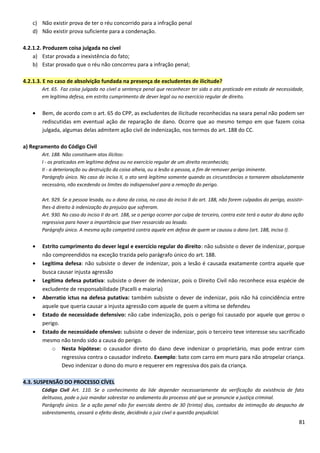 c) Não existir prova de ter o réu concorrido para a infração penal
d) Não existir prova suficiente para a condenação.
4.2.1.2. Produzem coisa julgada no cível
a) Estar provada a inexistência do fato;
b) Estar provado que o réu não concorreu para a infração penal;
4.2.1.3. E no caso de absolvição fundada na presença de excludentes de ilicitude?
Art. 65. Faz coisa julgada no cível a sentença penal que reconhecer ter sido o ato praticado em estado de necessidade,
em legítima defesa, em estrito cumprimento de dever legal ou no exercício regular de direito.
• Bem, de acordo com o art. 65 do CPP, as excludentes de ilicitude reconhecidas na seara penal não podem ser
rediscutidas em eventual ação de reparação de dano. Ocorre que ao mesmo tempo em que fazem coisa
julgada, algumas delas admitem ação civil de indenização, nos termos do art. 188 do CC.
a) Regramento do Código Civil
Art. 188. Não constituem atos ilícitos:
I - os praticados em legítima defesa ou no exercício regular de um direito reconhecido;
II - a deterioração ou destruição da coisa alheia, ou a lesão a pessoa, a fim de remover perigo iminente.
Parágrafo único. No caso do inciso II, o ato será legítimo somente quando as circunstâncias o tornarem absolutamente
necessário, não excedendo os limites do indispensável para a remoção do perigo.
Art. 929. Se a pessoa lesada, ou o dono da coisa, no caso do inciso II do art. 188, não forem culpados do perigo, assistir-
lhes-á direito à indenização do prejuízo que sofreram.
Art. 930. No caso do inciso II do art. 188, se o perigo ocorrer por culpa de terceiro, contra este terá o autor do dano ação
regressiva para haver a importância que tiver ressarcido ao lesado.
Parágrafo único. A mesma ação competirá contra aquele em defesa de quem se causou o dano (art. 188, inciso I).
• Estrito cumprimento do dever legal e exercício regular do direito: não subsiste o dever de indenizar, porque
não compreendidos na exceção trazida pelo parágrafo único do art. 188.
• Legítima defesa: não subsiste o dever de indenizar, pois a lesão é causada exatamente contra aquele que
busca causar injusta agressão
• Legítima defesa putativa: subsiste o dever de indenizar, pois o Direito Civil não reconhece essa espécie de
excludente de responsabilidade (Pacelli e maioria)
• Aberratio ictus na defesa putativa: também subsiste o dever de indenizar, pois não há coincidência entre
aquele que queria causar a injusta agressão com aquele de quem a vítima se defendeu
• Estado de necessidade defensivo: não cabe indenização, pois o perigo foi causado por aquele que gerou o
perigo.
• Estado de necessidade ofensivo: subsiste o dever de indenizar, pois o terceiro teve interesse seu sacrificado
mesmo não tendo sido a causa do perigo.
o Nesta hipótese: o causador direto do dano deve indenizar o proprietário, mas pode entrar com
regressiva contra o causador indireto. Exemplo: bato com carro em muro para não atropelar criança.
Devo indenizar o dono do muro e requerer em regressiva dos pais da criança.
4.3. SUSPENSÃO DO PROCESSO CÍVEL
Código Civil Art. 110. Se o conhecimento da lide depender necessariamente da verificação da existência de fato
delituoso, pode o juiz mandar sobrestar no andamento do processo até que se pronuncie a justiça criminal.
Parágrafo único. Se a ação penal não for exercida dentro de 30 (trinta) dias, contados da intimação do despacho de
sobrestamento, cessará o efeito deste, decidindo o juiz cível a questão prejudicial.
81
 