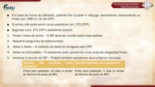■ Em caso de morte do ofendido, poderão lhe suceder o cônjuge, ascendente, descendente ou
irmão (art. 268 c/c 31 do CPP);
■ O corréu não pode servir como assistente (art. 270 CPP);
■ Segundo o art. 271 CPP o assistente poderá:
1. Propor meios de prova – O MP deve ser ouvido sobre esse pedido;
2. Requerer perguntas às testemunhas;
3. Aditar o libelo – O instituto do libelo foi revogado pelo CPP;
4. Aditar os articulados – O assistente pode apresentar suas próprias alegações finais;
5. Arrazoar o recurso do MP – Poderá também apresentar seus próprios recursos;
Ofendido não habilitado como
assistente:
Ofendido habilitado como assistente:
Prazo para apelação: 15 dias (a contar
do término do prazo do MP).
Prazo para apelação: 5 dias (a contar
do término do prazo do MP).
 