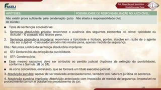 ■ Tipos de sentenças absolutórias:
1. Sentença absolutória própria: reconhece a ausência dos seguintes elementos do crime: tipicidade ou
ilicitude – O acusado não recebe pena.
2. Sentença absolutória imprópria: reconhece a tipicidade e ilicitude, porém, absolve em razão de o agente
não ser culpável - O acusado também não recebe pena, apenas medida de segurança.
Obs.: Natureza jurídica da sentença absolutória imprópria:
a) STJ: Declaratória da extinção da punibilidade.
b) STF: Condenatória.
■ Esse mesmo raciocínio deve ser atribuído ao perdão judicial (hipótese de extinção da punibilidade),
conforme a Súmula 18 do STJ.
■ As corte concordam, entretanto, que se formará um título executivo judicial.
3. Absolvição sumária: Apesar de ser realizada antecipadamente, também tem natureza jurídica de sentença.
4. Absolvição sumária imprópria: Absolvição antecipada com imposição de medida de segurança. Impossível no
procedimento comum e possível no procedimento do júri.
120
HIPÓTESES: POSSIBILIDADE DE RESPONSABILIZAÇÃO NO JUÍZO CÍVEL:
Não existir prova suficiente para condenação (juízo
de dúvida):
Não afasta a responsabilidade civil;
 