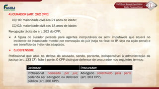 4) CURADOR (ART. 262 CPP):
CC/16: maioridade civil aos 21 anos de idade;
CC/02: maioridade civil aos 18 anos de idade;
Revogação tácita do art. 262 do CPP;
Ø A figura do curador persiste para agentes inimputáveis ou semi imputáveis que atuará no
incidente de insanidade mental por nomeação do juiz (seja na fase do IP, seja na ação penal) e
em benefício do índio não adaptado.
Ø 5) DEFENSOR:
Profissional que atua na defesa do acusado, sendo, portanto, indispensável à administração da
justiça (art. 133 CF). Não é parte. O CPP distingue defensor de procurador nos seguintes termos:
Defensor: Procurador:
Profissional nomeado por juiz,
podendo ser advogado ou defensor
público (art. 266 CPP).
Advogado constituído pela parte
(art. 263 CPP).
 