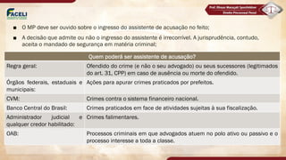 ■ O MP deve ser ouvido sobre o ingresso do assistente de acusação no feito;
■ A decisão que admite ou não o ingresso do assistente é irrecorrível. A jurisprudência, contudo,
aceita o mandado de segurança em matéria criminal;
Quem poderá ser assistente de acusação?
Regra geral: Ofendido do crime (e não o seu advogado) ou seus sucessores (legitimados
do art. 31, CPP) em caso de ausência ou morte do ofendido.
Órgãos federais, estaduais e
municipais:
Ações para apurar crimes praticados por prefeitos.
CVM: Crimes contra o sistema financeiro nacional.
Banco Central do Brasil: Crimes praticados em face de atividades sujeitas à sua fiscalização.
Administrador judicial e
qualquer credor habilitado:
Crimes falimentares.
OAB: Processos criminais em que advogados atuem no polo ativo ou passivo e o
processo interesse a toda a classe.
 