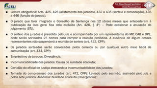 ■ Leitura obrigatória: Arts. 425, 426 (alistamento dos jurados), 432 a 435 (sorteio e convocação), 436
a 446 (função do jurado);
■ O jurado que tiver integrado o Conselho de Sentença nos 12 (doze) meses que antecederam à
publicação da lista geral fica dela excluído (Art. 426, § 4º) – Pode ocasionar a anulação do
julgamento (STJ).
■ O sorteio dos jurados é presidido pelo juiz e acompanhado por um representante do MP, OAB e DPE,
onde serão sorteados 25 nomes para compor a reunião periódica. A ausência de algum desses
representantes não suspenderá a reunião de sorteio (art. 433, CPP);
■ Os jurados sorteados serão convocados pelos correios ou por qualquer outro meio hábil de
comunicação (art. 434, CPP);
■ Empréstimo de jurados. Divergência.
■ Incomunicabilidade dos jurados: Causa de nulidade absoluta;
■ Certidão do oficial de justiça atestando a incomunicabilidade dos jurados;
■ Tomada do compromisso dos jurados (art. 472, CPP): Lavrado pelo escrivão, assinado pelo juiz e
pelos sete jurados. Ausência: Nulidade absoluta (Divergência);
68
 