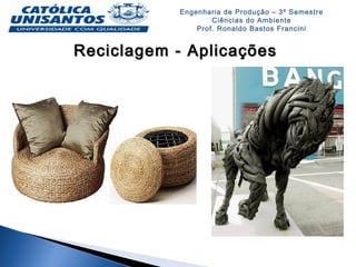 Engenharia de Produção – 3º Semestre
Ciências do Ambiente
Prof. Ronaldo Bastos Francini
Reciclagem - AplicaçõesReciclagem - Aplicações
 