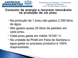 Engenharia de Produção – 3º Semestre
Ciências do Ambiente
Prof. Ronaldo Bastos Francini
Consumo de energia e recursos renováveisConsumo de energia e recursos renováveis
na produção de um pneuna produção de um pneu
 Na produção de 1 pneu são gastos 2.350 litros 
de água.
 São gastos quase 25 litros de petróleo em 
cada pneu.
 Cada pneu gasta em média 16 kW / h.
 Na unidade da Pirelli em Feira de Santana a 
água gasta no processo produtivo é 100% 
reaproveitada.
 