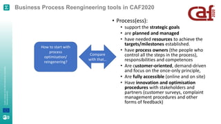 A
joint
initiative
of
the
OECD
and
the
EU,
principally
financed
by
the
EU.
Business Process Reengineering tools in CAF2020
• Process(ess):
• support the strategic goals
• are planned and managed
• have needed resources to achieve the
targets/milestones established.
• have process owners (the people who
control all the steps in the process),
responsibilities and competences
• Are customer-oriented, demand-driven
and focus on the once-only principle,
• Are fully accessible (online and on site)
• Have innovation and optimisation
procedures with stakeholders and
partners (customer surveys, complaint
management procedures and other
forms of feedback)
Compare
with that…
How to start with
process
optimisation/
reingenering?
 