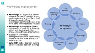 A
joint
initiative
of
the
OECD
and
the
EU,
principally
financed
by
the
EU.
Knowledge management
• Knowledge is a high-value form of
information that is ready to apply
to decisions and actions, [and that]
knowledge derives from
information as information derives
from dana (Davenport and Prusak)
• Knowledge management (KM) is
the process of organizing, creating,
using, and sharing collective
knowledge within an organization.
• Successful knowledge
management includes maintaining
information in a place where it is
easy to access.
• Why KM?: Better decision making
(evidence based decision making)
Knowledge
management
Civil
servants
Processes
Practice
Technology
Advice
Continuous
impr.
Expertise
Training
Onboarding
/leaving
54
 