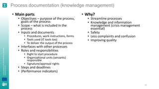 A
joint
initiative
of
the
OECD
and
the
EU,
principally
financed
by
the
EU.
Process documentation (knowledge management)
• Main parts
• Objectives – purpose of the process,
goals of the process
• Scope – what is included in the
process
• Inputs and documents
• Procedures, work instructions, forms
• Tools used (IT tools too)
• To deliver the output of the process
• Interfaces with other processes
• Roles and responsibilities
• Right to start procedure
• Organizational units (servants)
responsible
• Signature/approval rights
• Steps and deadlines
• (Performance indicators)
• Why?
• Streamline processes
• Knowledge and information
management (crisis management
essential)
• Safety
• Less complaints and confusion
• Improving quality
62
 