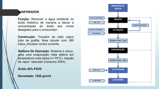 EVAPORADOR
Função: Remover a água existente no
ácido fosfórico de maneira a elevar a
concentração do ácido aos níveis
desejados para o consumidor.
Construção: Trocador de calor casco
tubo de grafite, feixe tubular com 395
tubos, trocador contra corrente.
Sistema De Operação: Sistema a vácuo,
para uma evaporação mais efetiva em
temperatura mais baixa (+/-70°C). Injeção
de vapor saturado (consumo 20t/h).
Àcido 42% P2O5
Densidade: 1520 g/cm3
 
