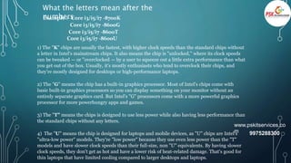 What the letters mean after the
numbers
Example :- Core i3/i5/i7 -8700K
Core i3/i5/i7 -8600G
Core i3/i5/i7 -8600T
Core i3/i5/i7 -8600U
1) The "K" chips are usually the fastest, with higher clock speeds than the standard chips without
a letter in Intel's mainstream chips. It also means the chip is "unlocked," where its clock speeds
can be tweaked — or "overclocked — by a user to squeeze out a little extra performance than what
you get out of the box. Usually, it's mostly enthusiasts who tend to overclock their chips, and
they're mostly designed for desktops or high-performance laptops.
2) The "G" means the chip has a built-in graphics processor. Most of Intel's chips come with
basic built-in graphics processors so you can display something on your monitor without an
entirely separate graphics card. But Intel's "G" processors come with a more powerful graphics
processor for more powerhungry apps and games.
3) The "T" means the chips is designed to use less power while also having less performance than
the standard chips without any letters.
4) The "U" means the chip is designed for laptops and mobile devices, as "U" chips are Intel's
"ultra-low power" models. They're "low power" because they use even less power than the "T"
models and have slower clock speeds than their full-size, non "U" equivalents. By having slower
clock speeds, they don't get as hot and have a lower risk of heat-related damage. That's good for
thin laptops that have limited cooling compared to larger desktops and laptops.
9975288300
www.pskitservices.co
m
 