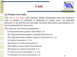 25
Cont.
(4). Product Line Suffix
This one or two letter code indicates further information about the processor
such as whether it’s unlocked or optimized in various ways. An unlocked
processor is one that the user can make run faster than factory specifications; it’s
not recommended for most users.
The code can vary between generations:
H: High performance graphics (Generation 5, 6)
HK: High performance graphics, unlocked (Generation 6)
HQ: High performance graphics, quad core (Generation 4, 5, 6)
M: Mobile (Generation 2, 3, 4)
MQ: Quad core mobile (Generation 4)
MX: Mobile extreme edition (Generation 4)
QM: Quad core mobile (Generation 2, 3)
U: Ultra low power (Generation 3, 4, 5, 6)
Y: Extremely low power (Generation 3, 4)
 