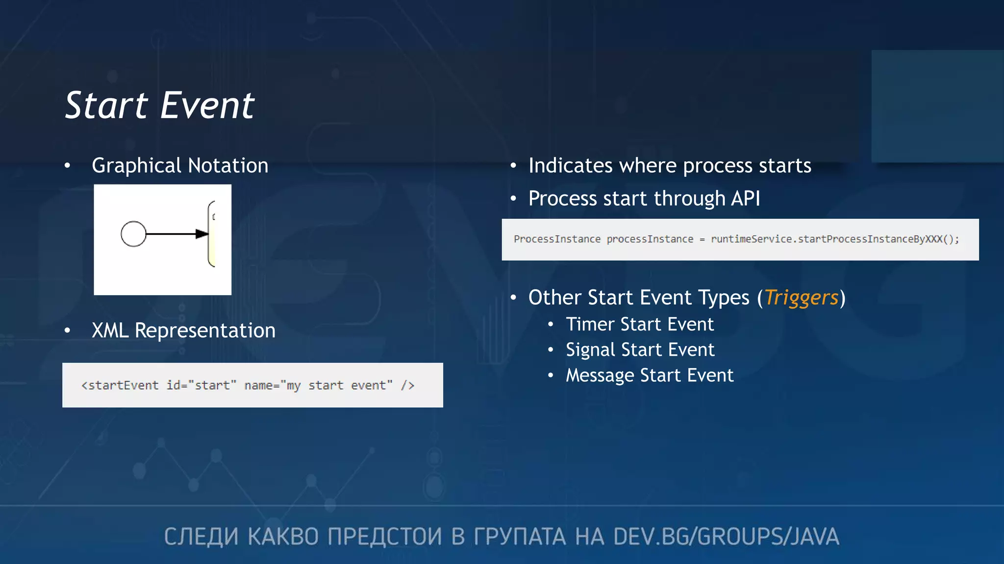 Start Event • Indicates where process starts • Process start through API • Other Start Event Types (Triggers) • Timer Start Event • Signal Start Event • Message Start Event • Graphical Notation • XML Representation 
